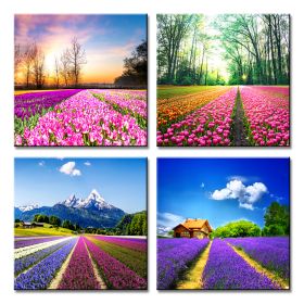 Canvas Prints Tulip Lavender Field Wall Art Colorful Flowers Artworks on Canvas Landscape Painting Framed for Modern Home Decoration