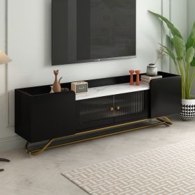 ON-TREND Sleek Design TV Stand with Fluted Glass, Contemporary Entertainment Center for TVs Up to 70", Faux Marble Top TV Console Table with Gold Fram