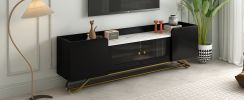 ON-TREND Sleek Design TV Stand with Fluted Glass, Contemporary Entertainment Center for TVs Up to 70", Faux Marble Top TV Console Table with Gold Fram