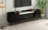 ON-TREND Sleek Design TV Stand with Fluted Glass, Contemporary Entertainment Center for TVs Up to 70", Faux Marble Top TV Console Table with Gold Fram