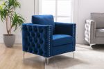 Modern Velvet Armchair Tufted Button Accent Chair Club Chair with Steel Legs for Living Room Bedroom,Navy