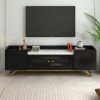 ON-TREND Sleek Design TV Stand with Fluted Glass, Contemporary Entertainment Center for TVs Up to 70", Faux Marble Top TV Console Table with Gold Fram